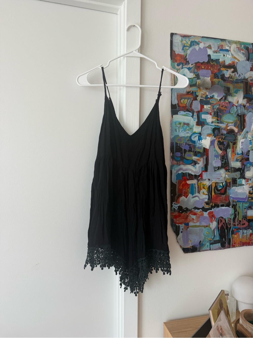 Black Crochet-Hem Spaghetti Strap Women's Romper